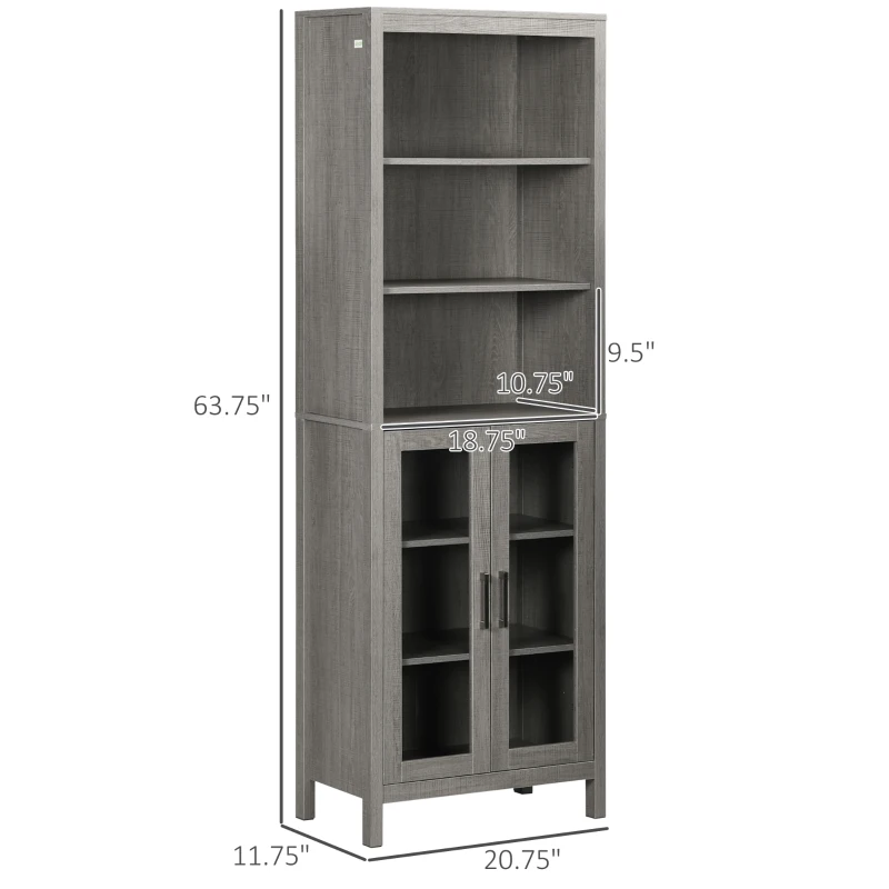 kleankin Tall Bathroom Storage Cabinet with 3 Tier Shelf, Glass Door Cabinet, Freestanding Linen Tower with Adjustable Shelves, Grey Wood Grain