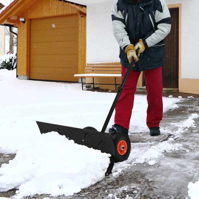 Outsunny Snow Shovel Rolling Pusher with 29" Blade, 10" Wheels & Angle-Adjustable Handle, Black