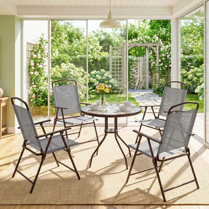 Outsunny 6 Piece Patio Dining Set for 4 with Umbrella, with 4 Folding Dining Chairs & Round Glass Table for Garden, Gray