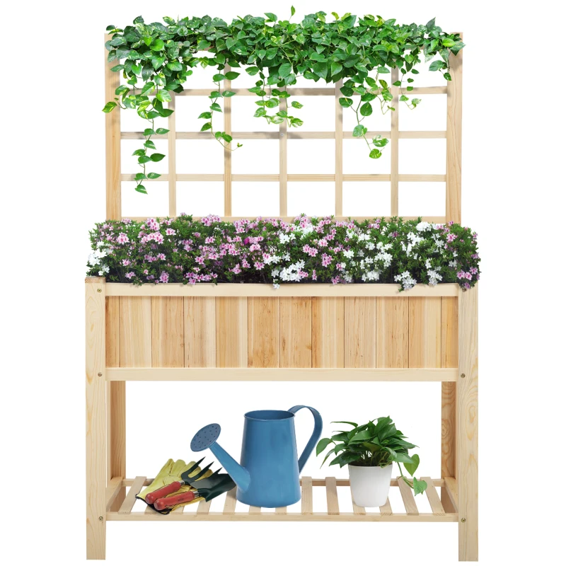 Outsunny 47" Wooden Raised Garden Bed with Trellis, Coutryside Style Elevated Planter Box Stand with Open Storage Shelf, Spacious Planting Area for Vegetables, Herbs, Flowers