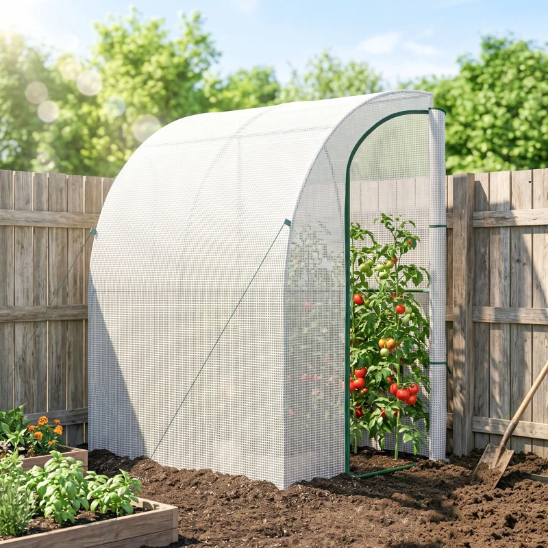 Outsunny 5' x 4' x 7' Outdoor Lean to Greenhouse, Walk-In Green House Plant Nursery with Roll-up Window, PE Cover, White