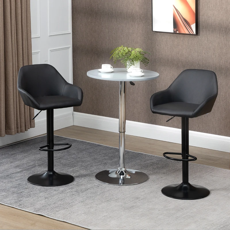 HOMCOM Adjustable Bar Stools Set of 2, Swivel Barstools with Footrest and Back, PU Leather and Steel Round Base, Black