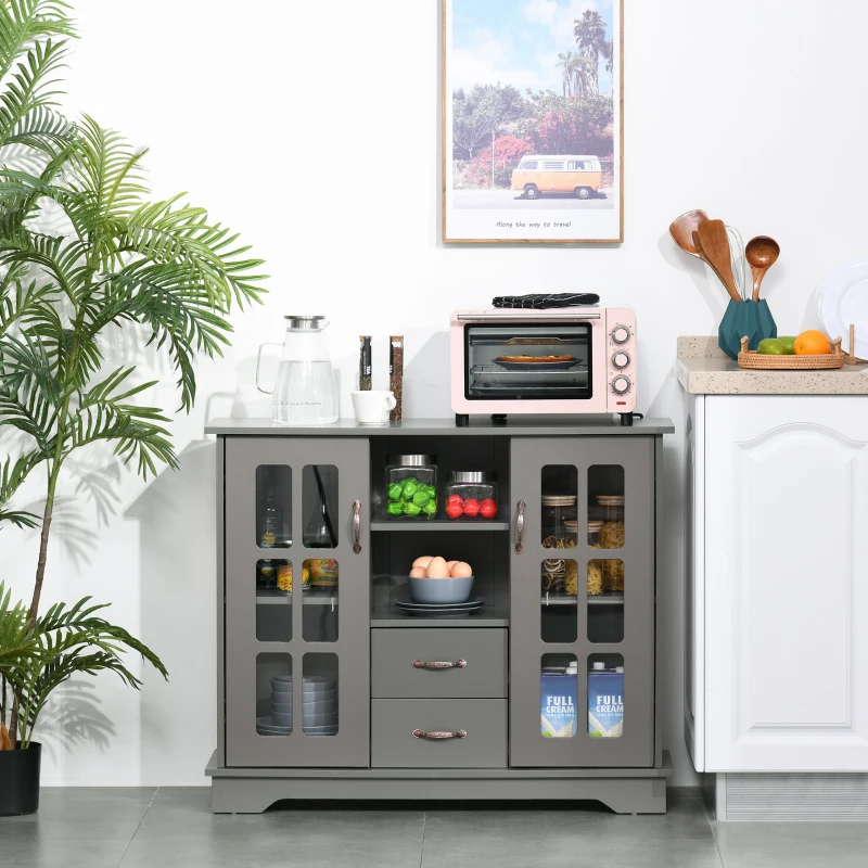 HOMCOM Sideboard Buffet Cabinet, Kitchen Cabinet, Coffee Bar Cabinet with 2 Framed Glass Doors, 2 Drawers and 2 Open Shelves for Living Room, Gray