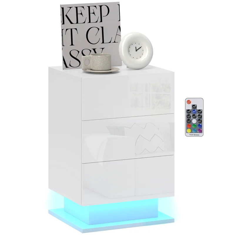 HOMCOM Modern LED Nightstand Bedside Table with Adjustable Colour Lighting & 3 Drawers, APP Control, Glossy White