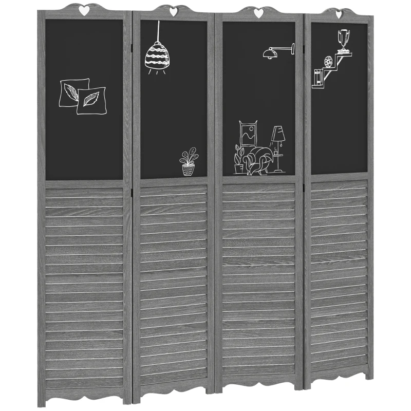 HOMCOM Wooden Room Divider with Blackboard, 4 Panel Folding Privacy Screen for Home Office, 5.5', Gray