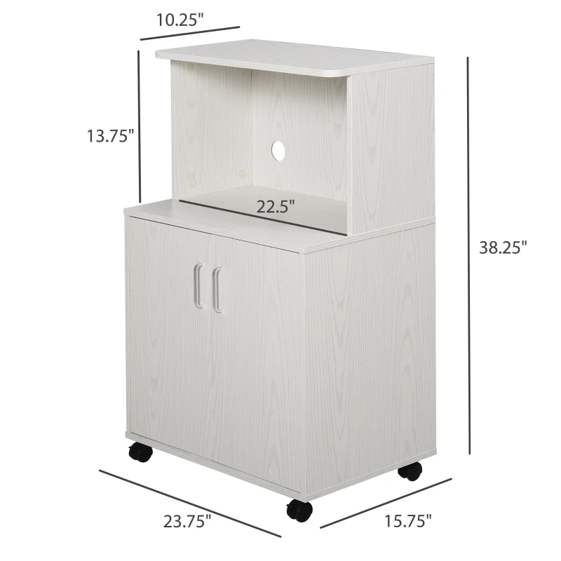HOMCOM Microwave Cart on Wheels Utility Trolley Storage Sideboard Bookcase with 2-door Cabinet, White Oak