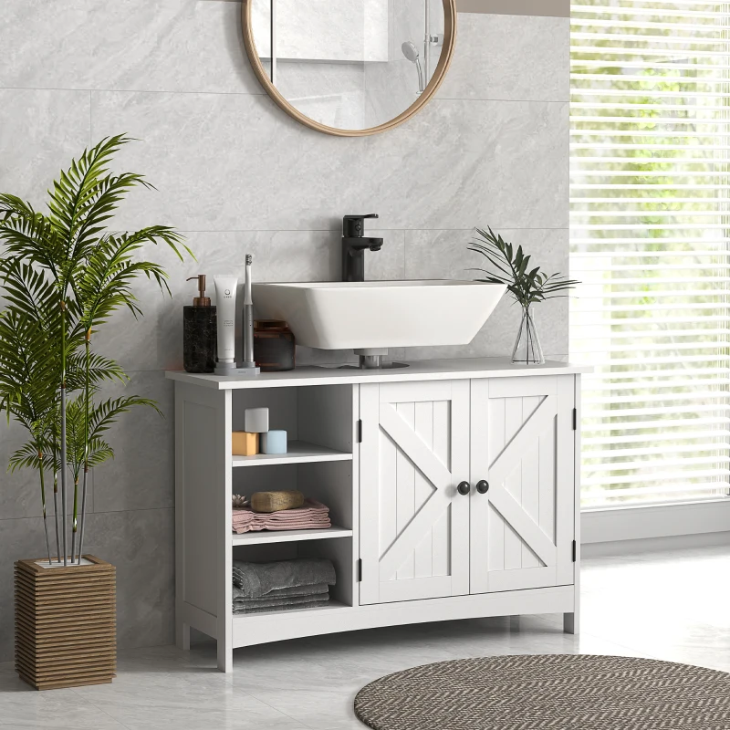 HOMCOM Bathroom Vanity Cabinet, Under Sink Storage Cabinet with Double Doors, Open and Adjustable Shelves, White