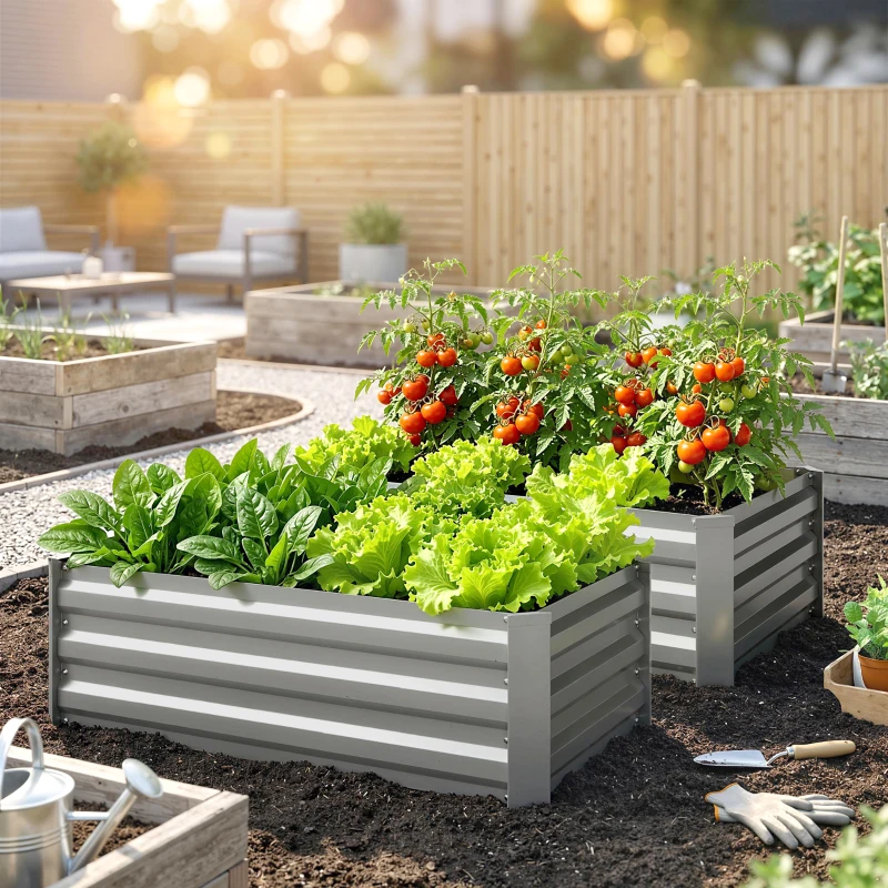 Outsunny Set of 2 Galvanized Raised Beds for Garden, Outdoor Planter Box for Flowers, Herbs and Vegetables, Light Grey