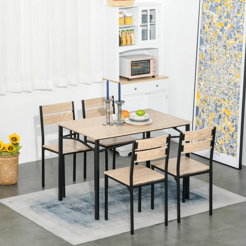 HOMCOM Rustic Industrial 5-Piece Dining Table Set Black Metal with 4 Chairs for Kitchen, or Dining Room, Oak