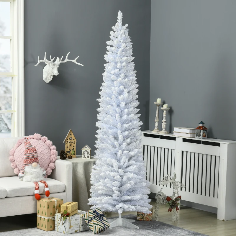 HOMCOM 7' Decorated Christmas Tree Snow Flocked Artificial Christmas Tree with Pencil Shape, Realistic Branches, White