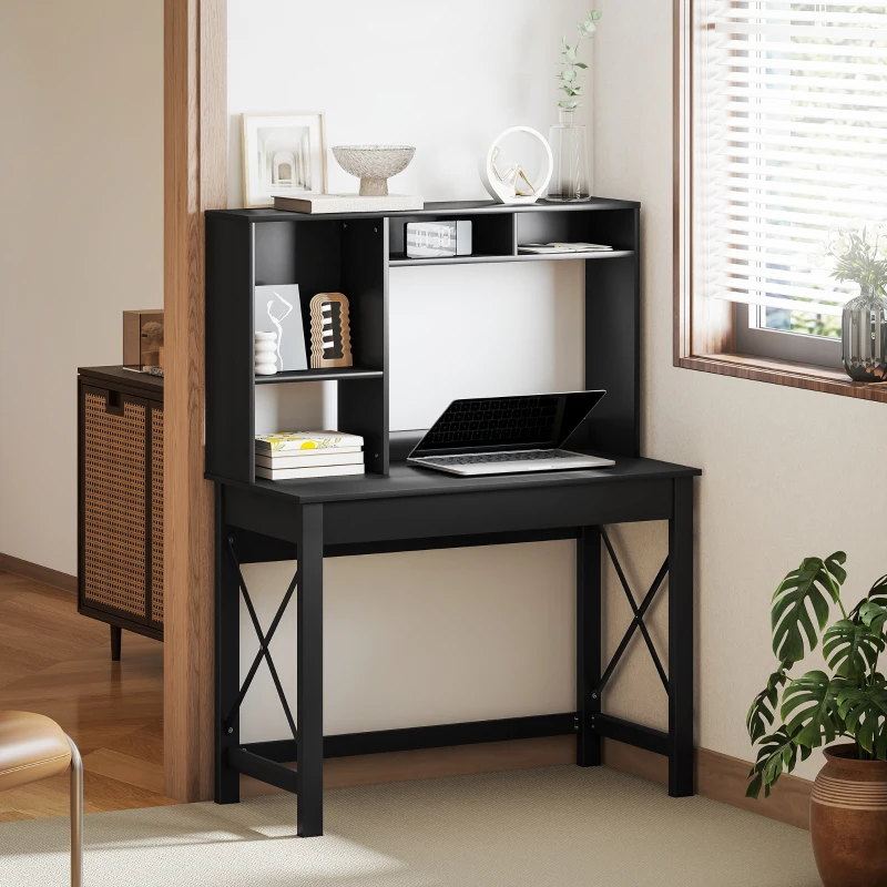 HOMCOM Computer Desk with Hutch, Home Office Table with Storage Shelves and Open Compartments for Writing, Work, Black