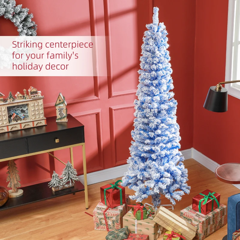 HOMCOM 6ft Flocked Christmas Tree, Pencil Christmas Tree with Realistic Branch Tips, Folding Metal Stand, Blue