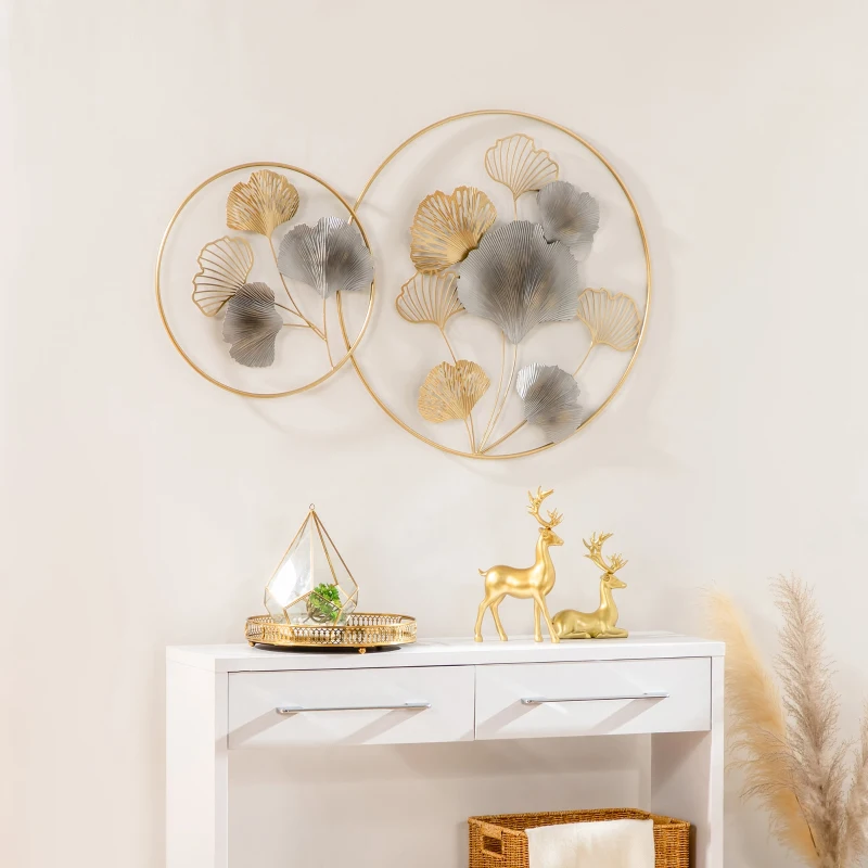 HOMCOM 3D Metal Wall Art Modern Ginkgo Leaves Hanging Wall Sculptures Home Decor for Living Room Bedroom Dining Room, 40" x 26", Gold