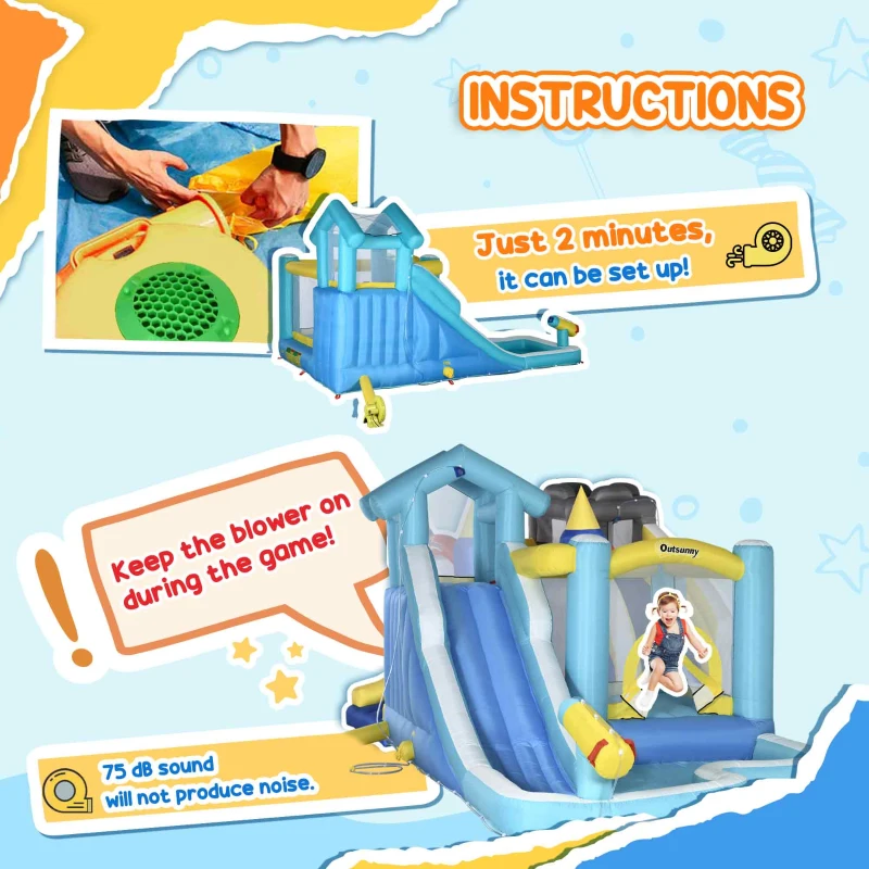 Outsunny 5-in-1 Kids Inflatable Bounce House Jumping Castle with Slide, Climbing Wall, Trampoline, & Water Pool Area, Water Cannon, Sea Balls, Air Blower
