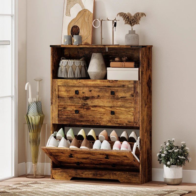 HOMCOM Shoe Cabinet with 2 Flip Drawers, Narrow Shoe Storage Cabinet, Rustic Brown