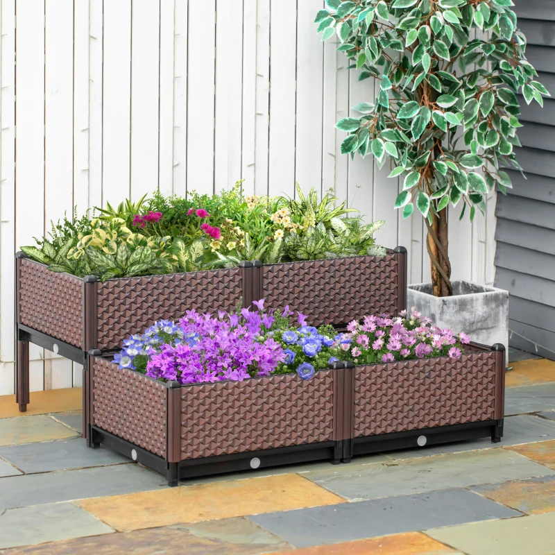 Outsunny Set of 4 Garden Raised Bed Kit, DIY Elevated Planter Box, Flower Vegetables Planting Container with Self-Watering Design and Drainage Holes for Indoor & Outdoor Use