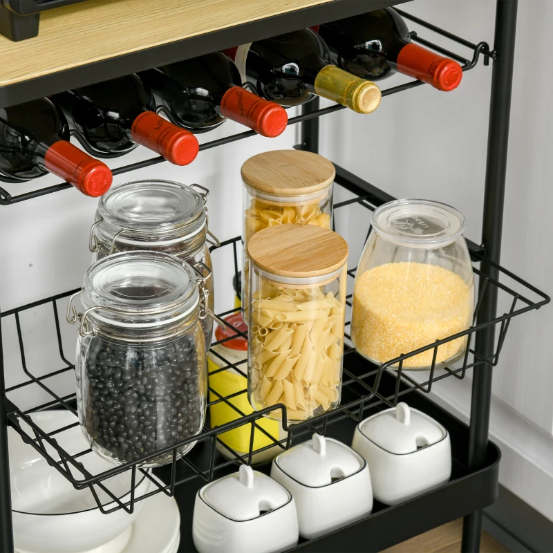 HOMCOM Rolling Kitchen Cart, 3-Tier Utility Storage Trolley with Wine Rack, Mesh Drawer and Side Hooks for Dining Room, Black/Natural