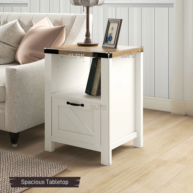 HOMCOM Farmhouse End Table, Side Table with Storage for Living Room, White