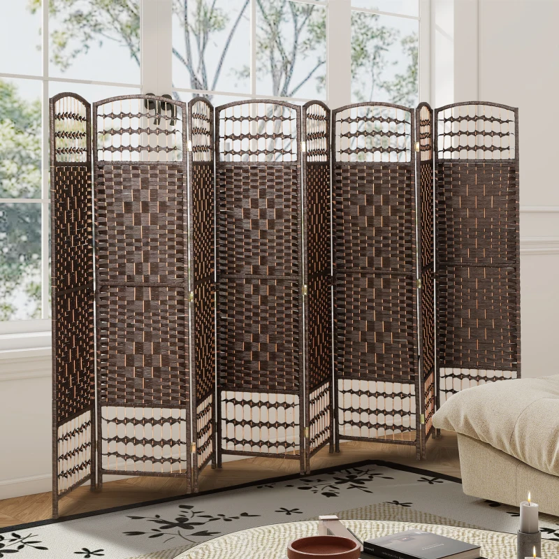 HOMCOM 8 Panel Folding Room Divider, Portable Privacy Screen, Wave Fiber Room Partition for Home Office, Brown