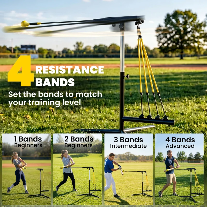 Soozier Baseball Hitting Trainer with 4 Power Bands, 32.7"-43.3" Adjustable Batting Practice Equipment with Stakes, Carry Bag