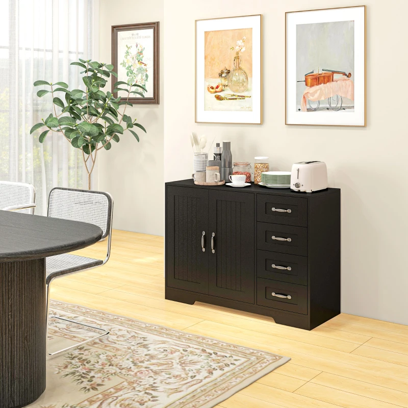 HOMCOM Modern Sideboard Buffet Cabinet with 4 Drawers and 2 Beadboard Doors, Kitchen Storage Cabinet, Black