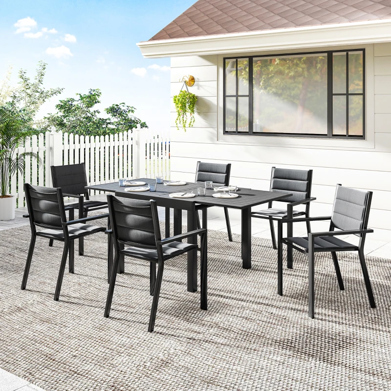 Outsunny Patio Dining Set for 6, Aluminum Expandable Outdoor Table and 6 Stackable Chairs with Padded Back, Mesh Seat, Black
