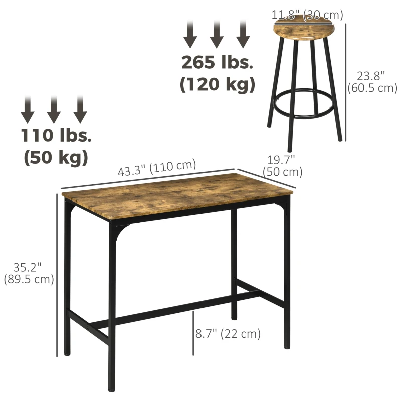 HOMCOM 5-Piece Bar Table Set for 4, Industrial Counter Height Bar Table and Chairs for Kitchen, Dining Room, Rustic Brown