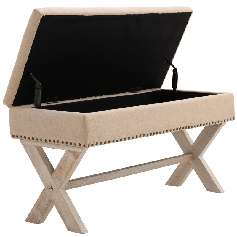 HOMCOM 35.75" Storage Ottoman, Upholstered Storage Bench with Hidden Space, Nailhead Trim and X-Shaped Wood Legs, for Living Room, Entryway, Bedroom, Beige