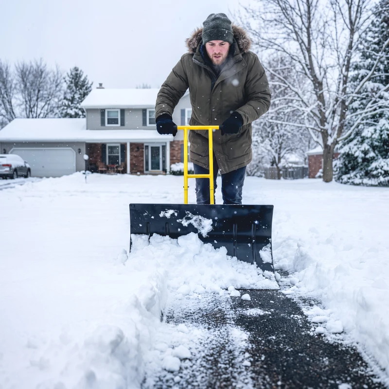 Outsunny Snow Shovel with Wheels, 29" Metal Snow Pusher with Adjustable Handle, 7-Angle Blade, Wear Strip for Driveway, Yellow