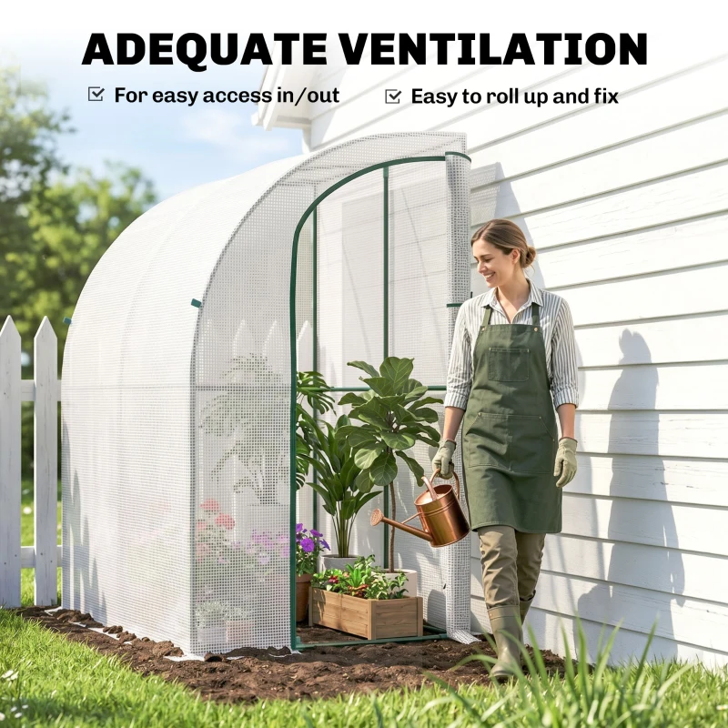 Outsunny 5' x 4' x 7' Outdoor Lean to Greenhouse, Walk-In Green House Plant Nursery with Roll-up Window, PE Cover, White