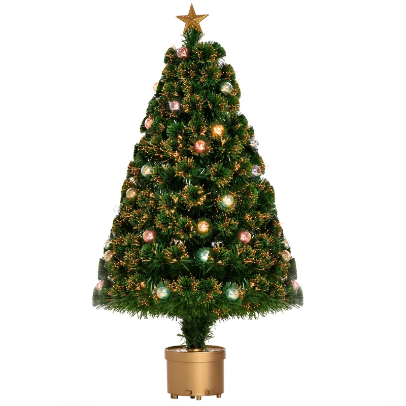 HOMCOM 3 FT Pre-Lit Artificial Table Christmas Tree, Fiber Optic Holiday Home Xmas Indoor Decoration with Golden Stand, Green