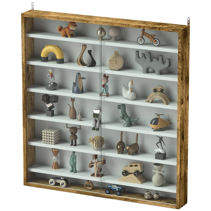 HOMCOM 7-Tier Display Cabinet, Shot Glass Display Case, Glass Curio Cabinet with 2 Glass Doors and 6 Adjustable Shelves, Rustic Brown