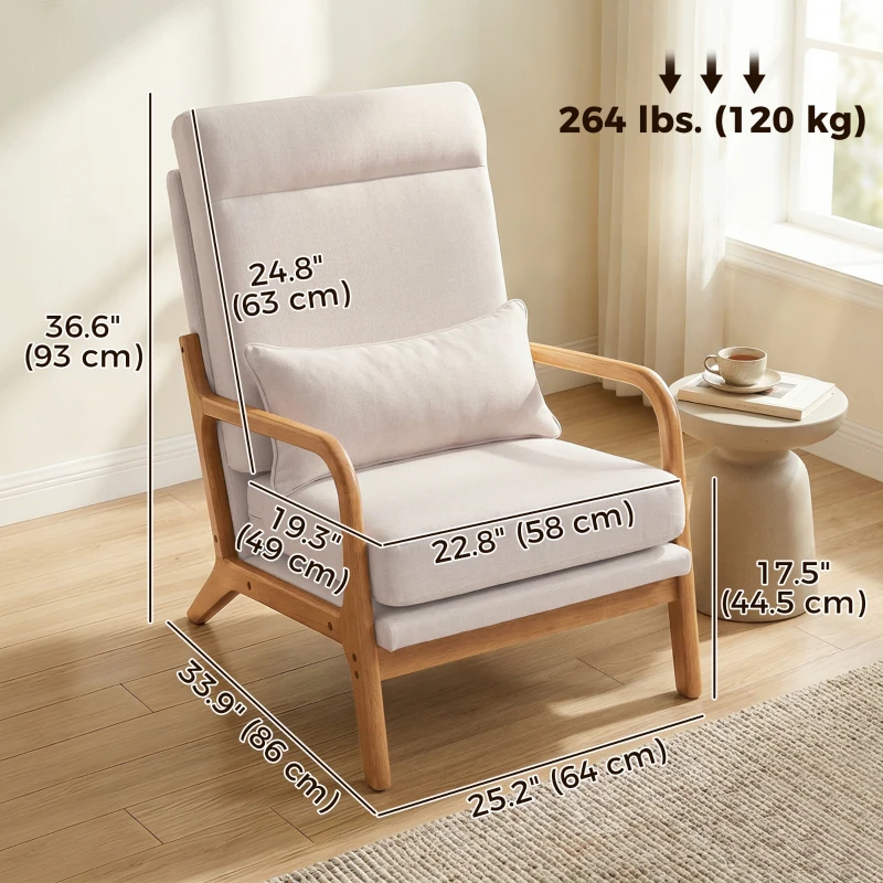 HOMCOM Modern Accent Chair, Linen Armchair with Lumbar Pillow, High Back, Wide Seat, Thick Cushion, Solid Wood Frame, Cream White