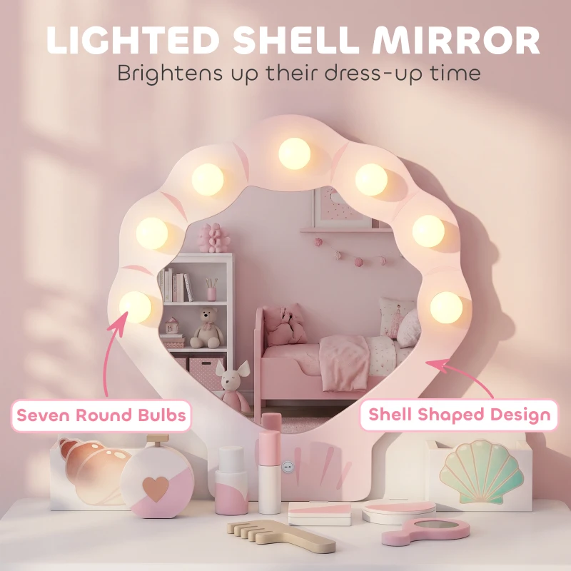 Qaba Kids Vanity Set, Makeup Vanity Table with Lights, Mirror, Stool, 7Pcs Accessories, Pretend Play Set for 3-8 Years, Pink