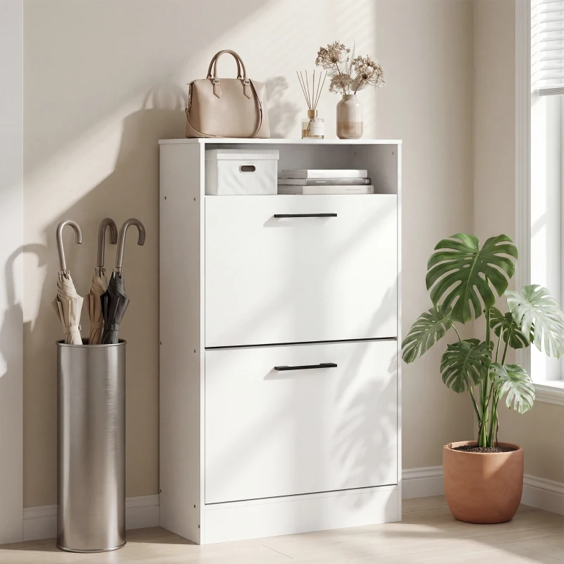 HOMCOM Shoe Cabinet 2 Flip Drawers Adjustable Dividers Shoe Storage Cabinet Top Shelf Entryway White