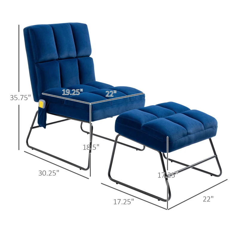 HOMCOM Accent Chair with Ottoman, Velvet Club Chair with Vibration Massage, Remote Control and Metal Legs for Living Room, Bedroom, and Home Office, Blue