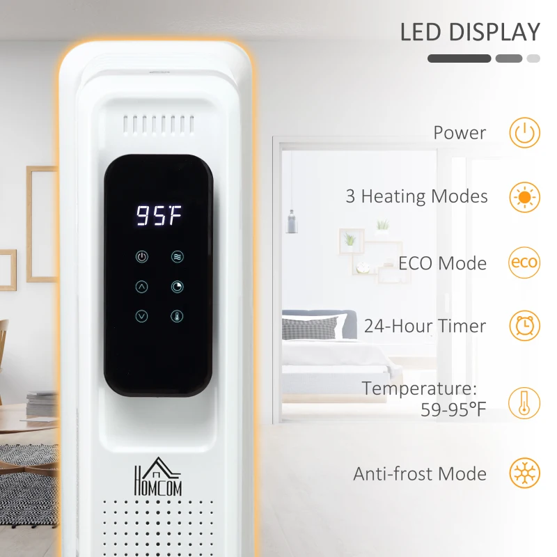 HOMCOM 24.75" Electric Space Heater, Freestanding 161 Sq. Ft. Heater with 3 Modes, Timer, and Remote, 1500 W, White
