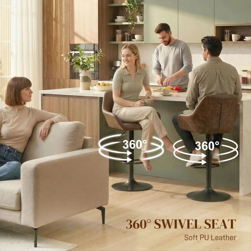 HOMCOM Adjustable Bar Stools Set of 2, Swivel Barstools with Footrest and Back, PU Leather and Steel Round Base, Coffee