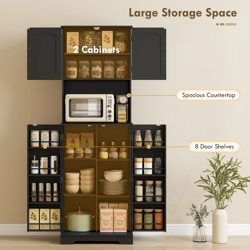 HOMCOM 71.5" Tall Pantry Cabinet, Farmhouse Kitchen Storage Cabinet with Adjustable Shelves, 8 Door Spice Racks, Black
