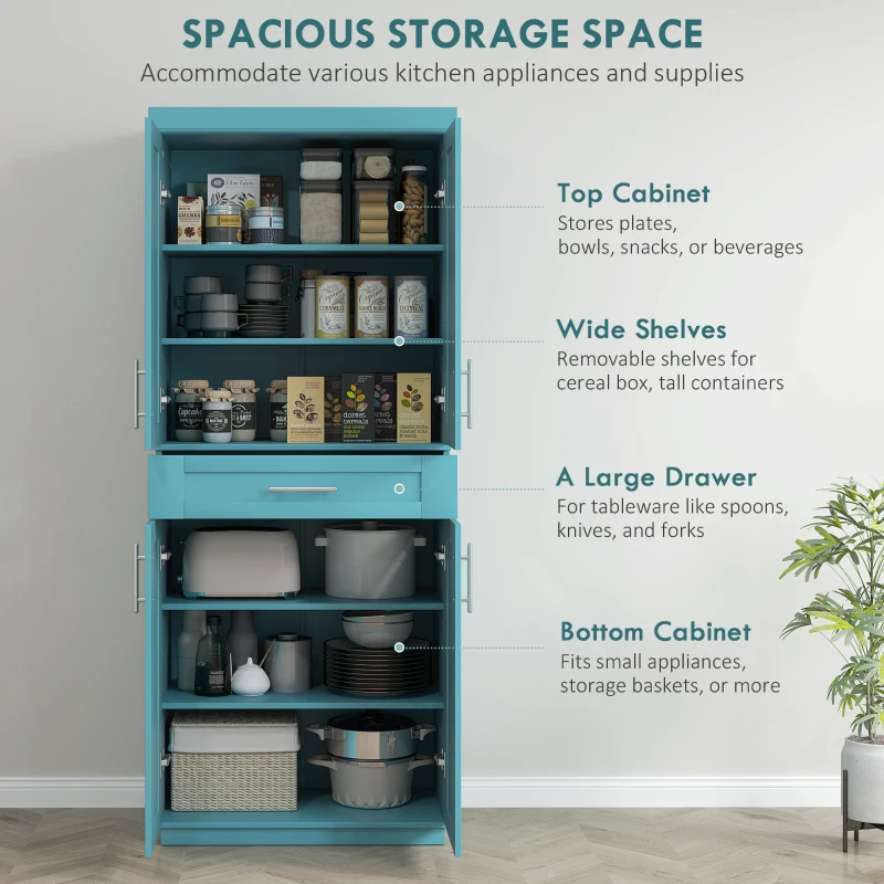 HOMCOM Modern Kitchen Pantry Freestanding Cabinet Cupboard with Doors and Drawer, Adjustable Shelving, Turquoise