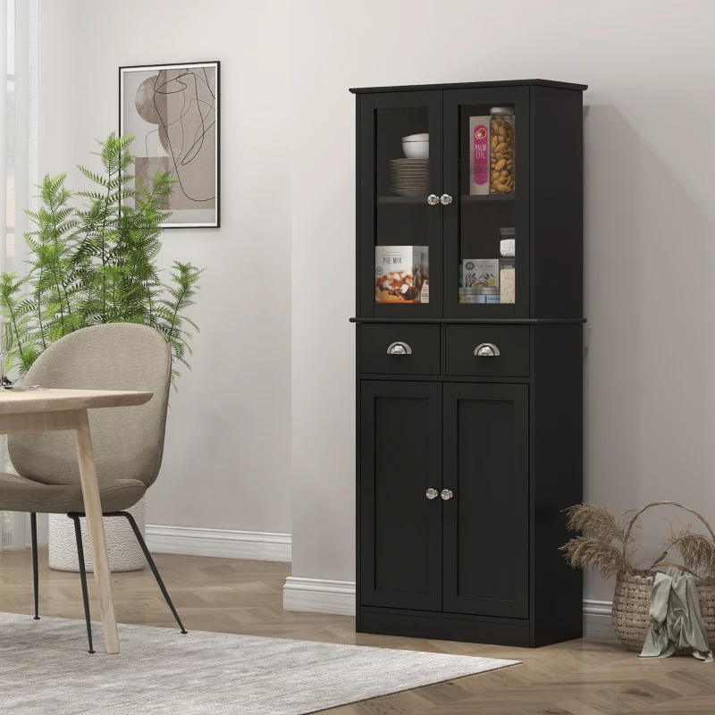 HOMCOM 61" Kitchen Pantry Cabinet, Freestanding Farmhouse Buffet Storage Cabinet with Soft Close Glass Doors and Adjustable Shelves, Black