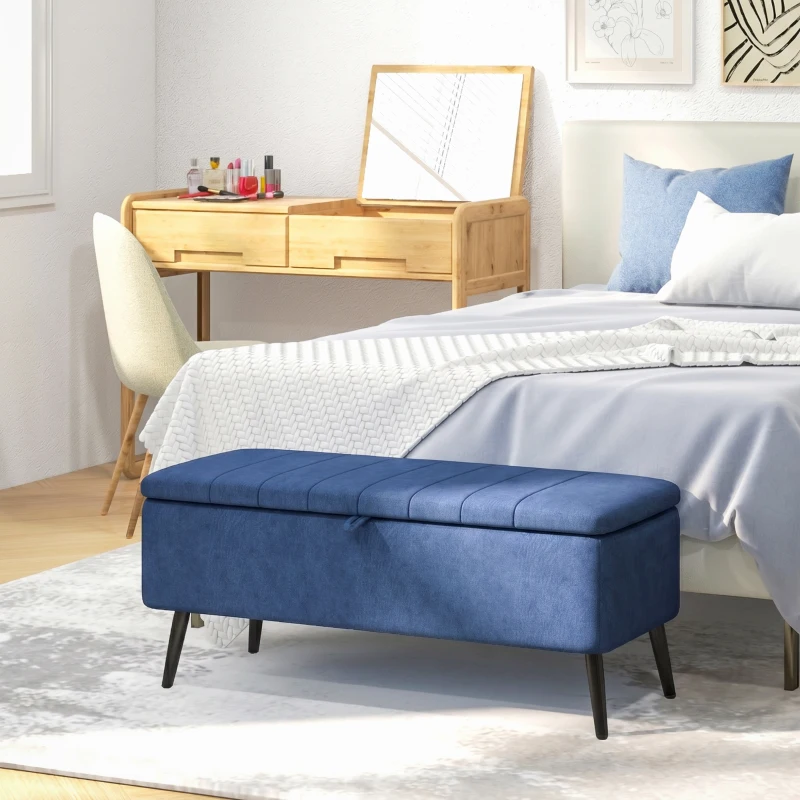 HOMCOM 40" Ottoman with Storage, Linen Upholstered Storage Ottoman Bench with Steel Legs for Living Room, Bedroom Dark Blue