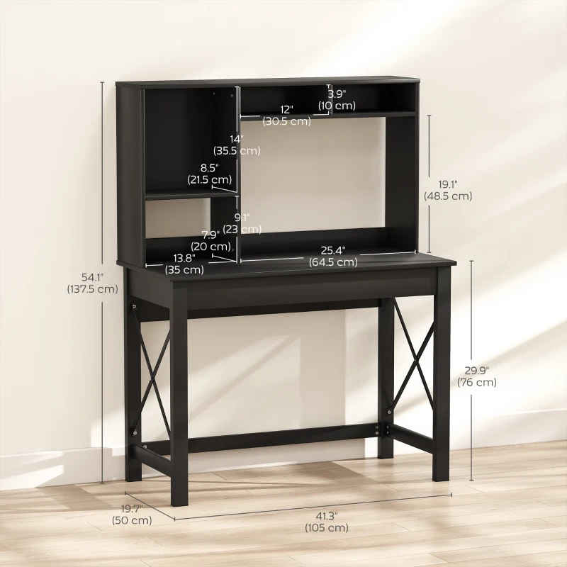 HOMCOM Computer Desk with Hutch, Home Office Table with Storage Shelves and Open Compartments for Writing, Work, Black