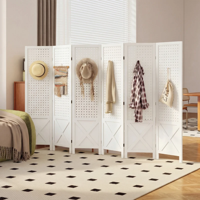 HOMCOM 56.9" 6 Panel Wooden Room Divider with Pegboard Display, Folding Privacy Screen for Home Office, White