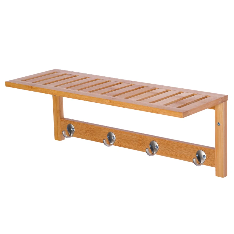 HOMCOM 20" Wall-mounted Entryway Coat Rack Bamboo Wall Shelf Organizer with 4 hooks