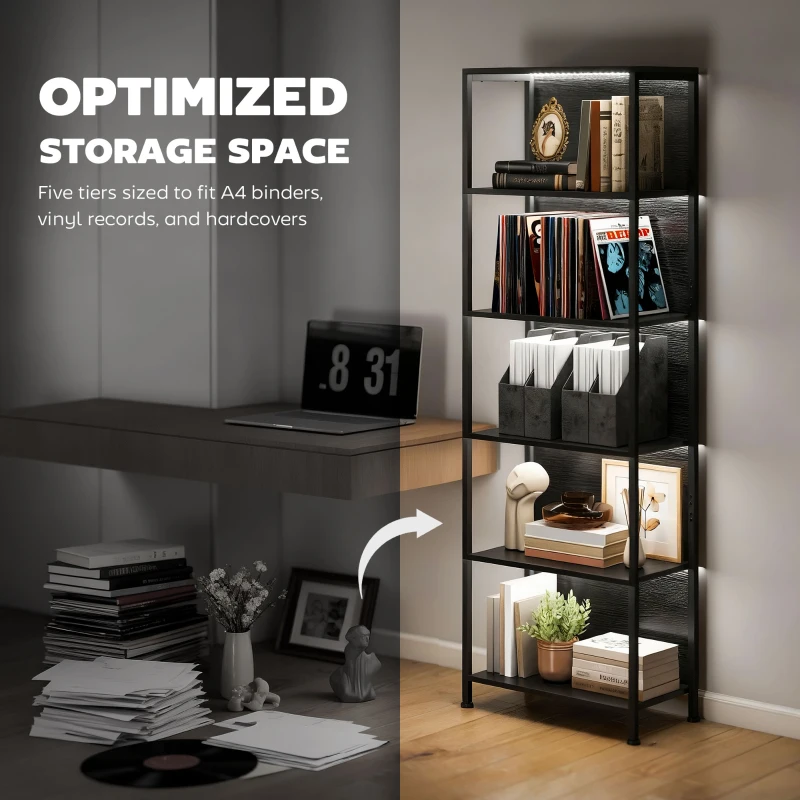 HOMCOM 5-Tier Bookshelf, Freestanding Bookcase with LED Lights and Metal Frame for Living Room, Bedroom, Home Office, Black