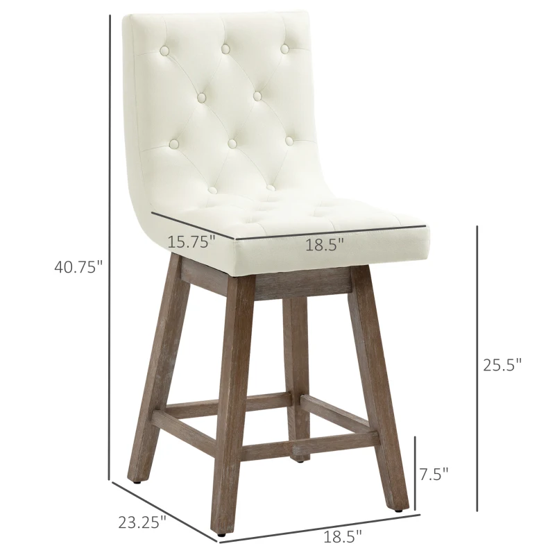 HOMCOM Counter Height Bar Stools, Swivel Bar Chairs, 25.5" High Fabric Tufted Breakfast Barstools for Kitchen, Set of 2, Cream White