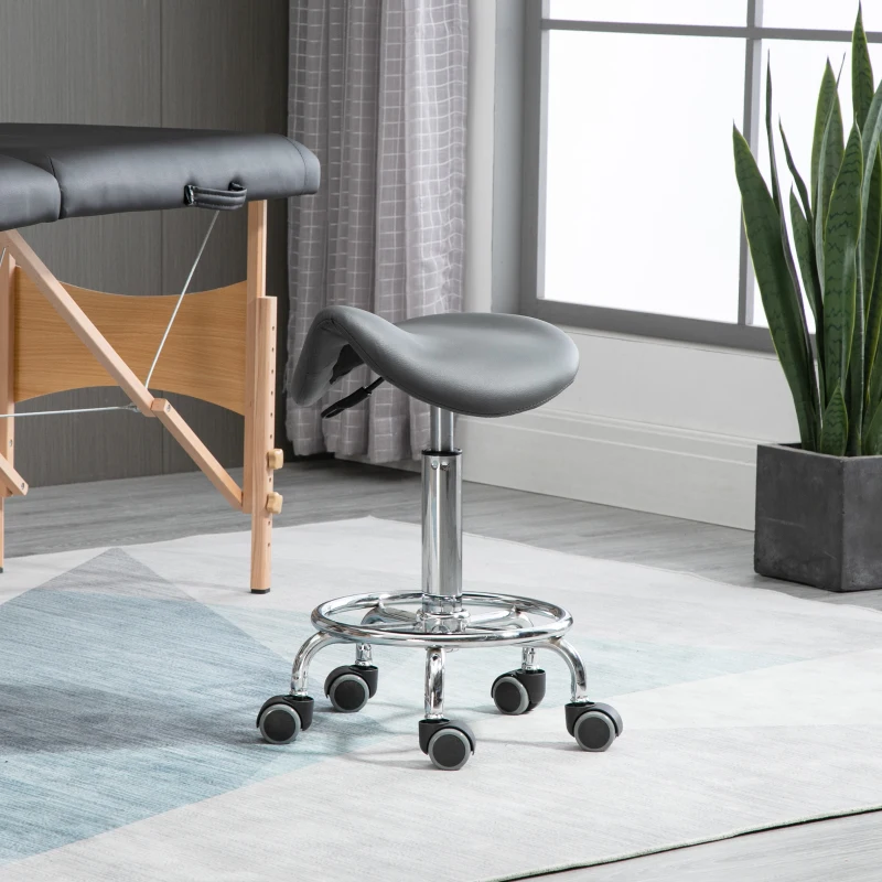 HOMCOM Saddle Stool, PU Leather Adjustable Rolling Salon Chair for Massage, Spa, Clinic, Beauty and Tattoo, Grey