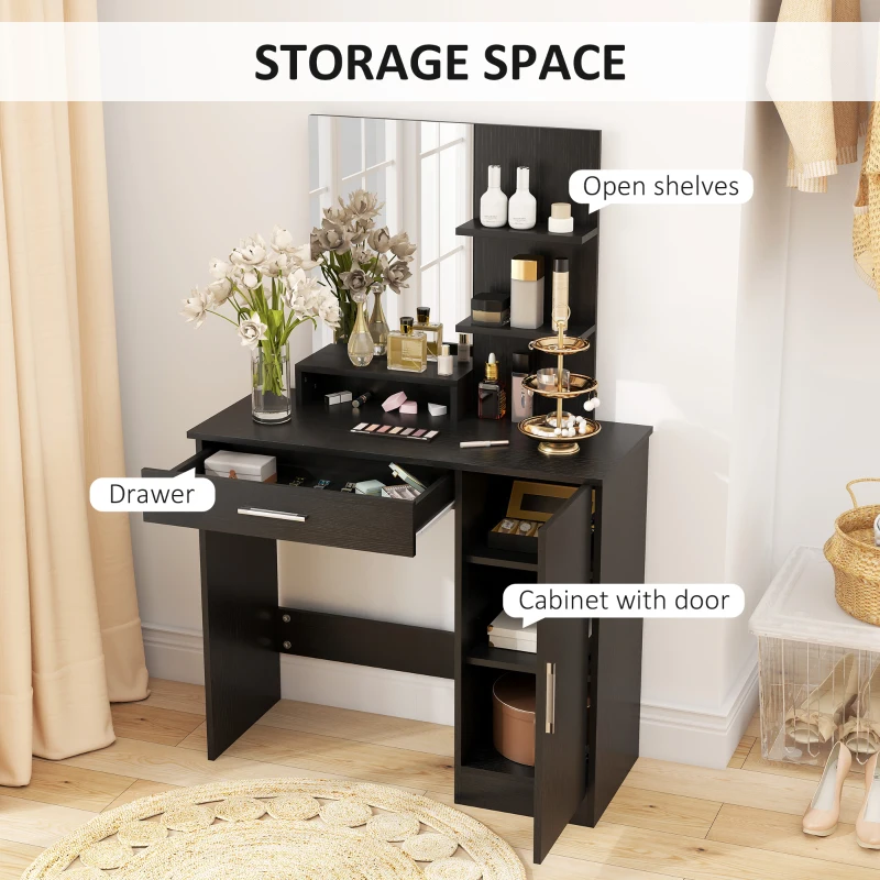 HOMCOM Vanity Desk with Mirror, Makeup Vanity w/ Drawer, Open Compartment and Shelves, Cabinet, Adjustable Shelves for Bedroom