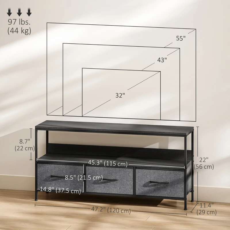 HOMCOM TV Stand with Charging Station, TV Table with 3 Foldable Linen Drawers and Open Shelf for 55 Inch Television, Black(m-3)